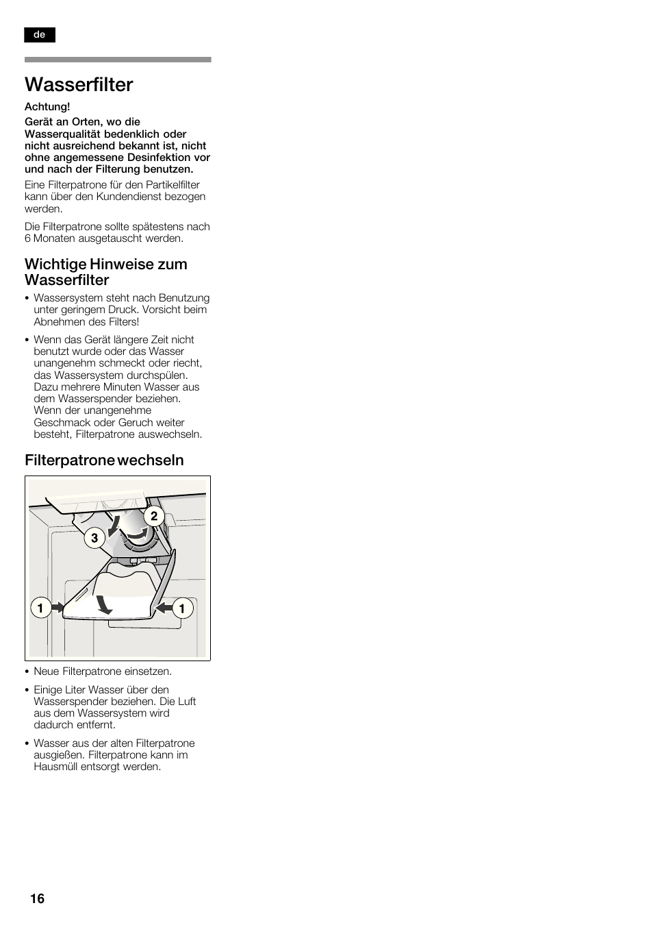 Wasserfilter, Wichtige hinweise zum wasserfilter, Filterpatrone wechseln | Bosch KAD62V40 Réfrigérateur-congélateur américain Confort User Manual | Page 16 / 119