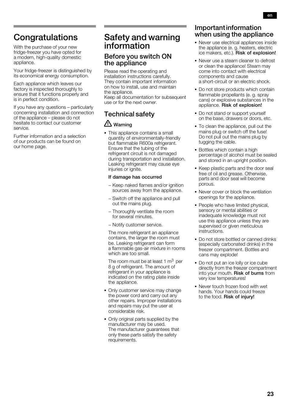 Safety and warning information, Before you switch on the appliance, Technical safety | Important information when using the appliance | Bosch KAD62V40 Réfrigérateur-congélateur américain Confort User Manual | Page 23 / 119