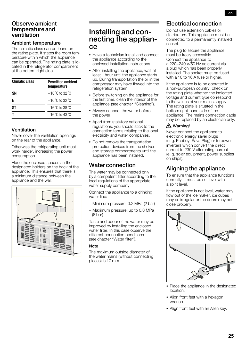 Installing and conć necting the applianć ce, Observe ambient temperature and ventilation, Water connection | Electrical connection, Aligning the appliance | Bosch KAD62V40 Réfrigérateur-congélateur américain Confort User Manual | Page 25 / 119