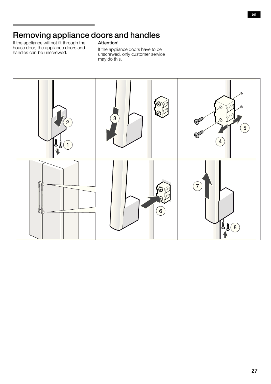 Removing appliance doors and handles | Bosch KAD62V40 Réfrigérateur-congélateur américain Confort User Manual | Page 27 / 119