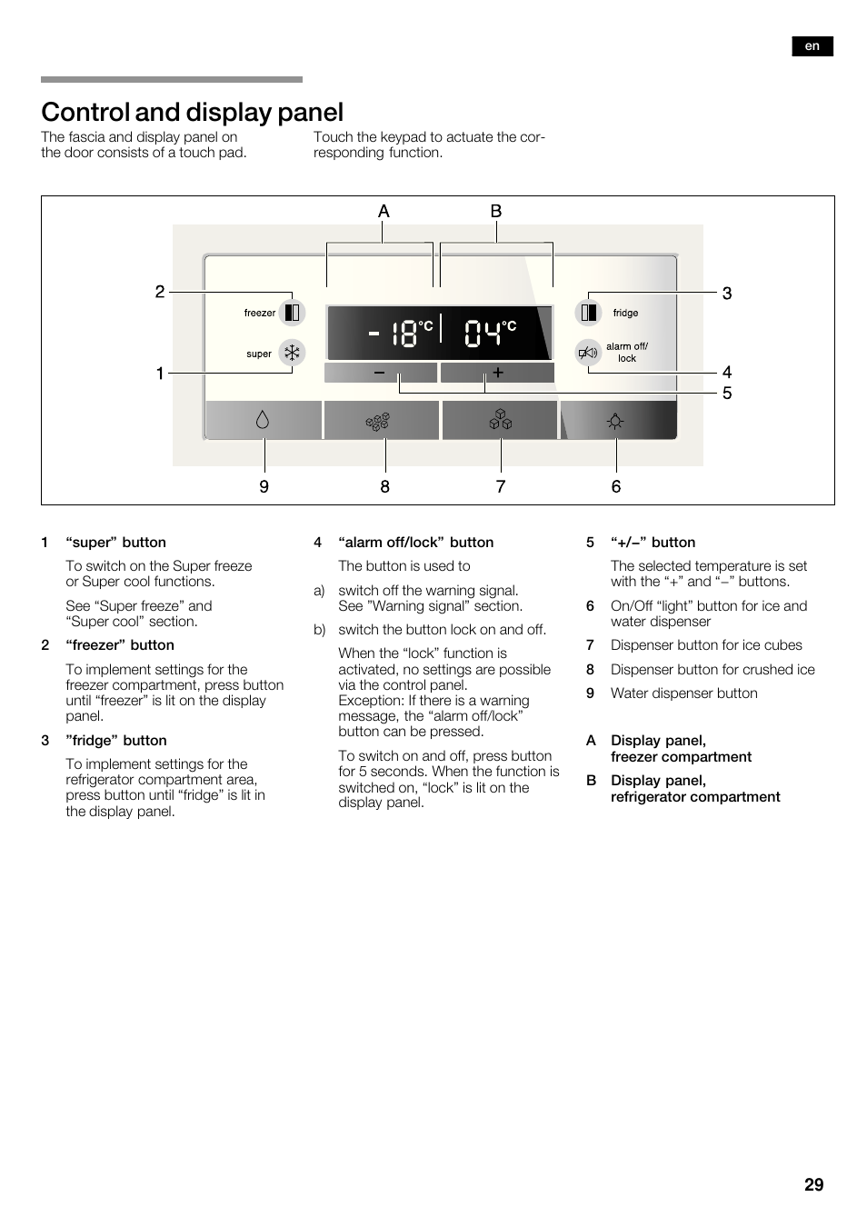 Control and display panel | Bosch KAD62V40 Réfrigérateur-congélateur américain Confort User Manual | Page 29 / 119