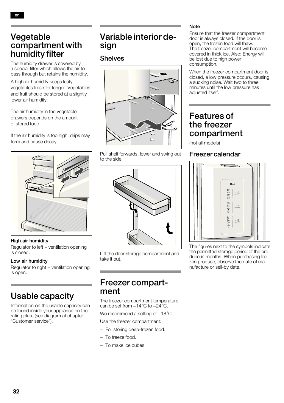 Vegetable compartment with humidity filter, Usable capacity, Variable interior deć sign | Freezer compartć ment, Features of the freezer compartment | Bosch KAD62V40 Réfrigérateur-congélateur américain Confort User Manual | Page 32 / 119