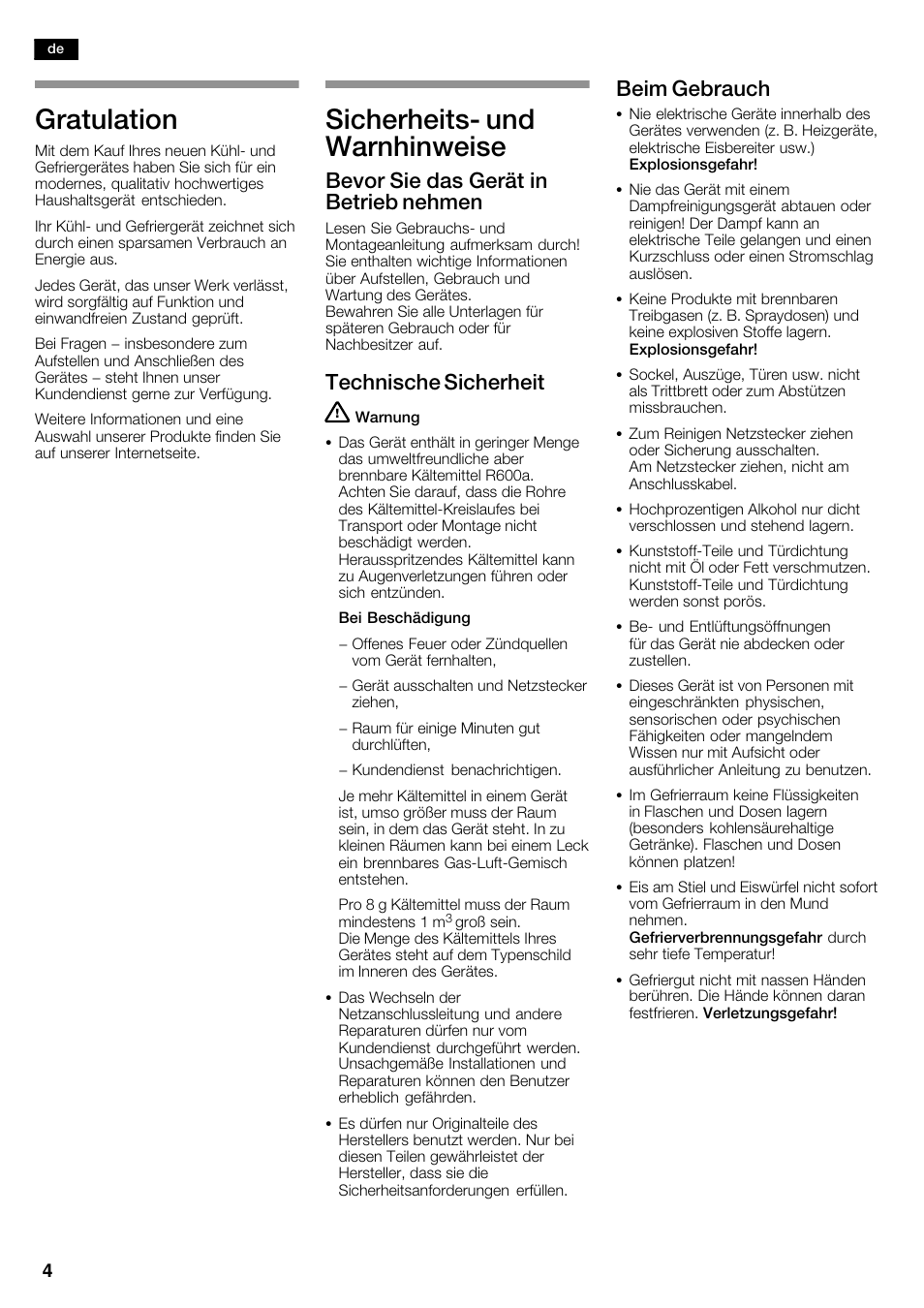 Gratulation, Sicherheitsć und warnhinweise, Bevor sie das gerät in betrieb nehmen | Technische sicherheit, Beim gebrauch | Bosch KAD62V40 Réfrigérateur-congélateur américain Confort User Manual | Page 4 / 119