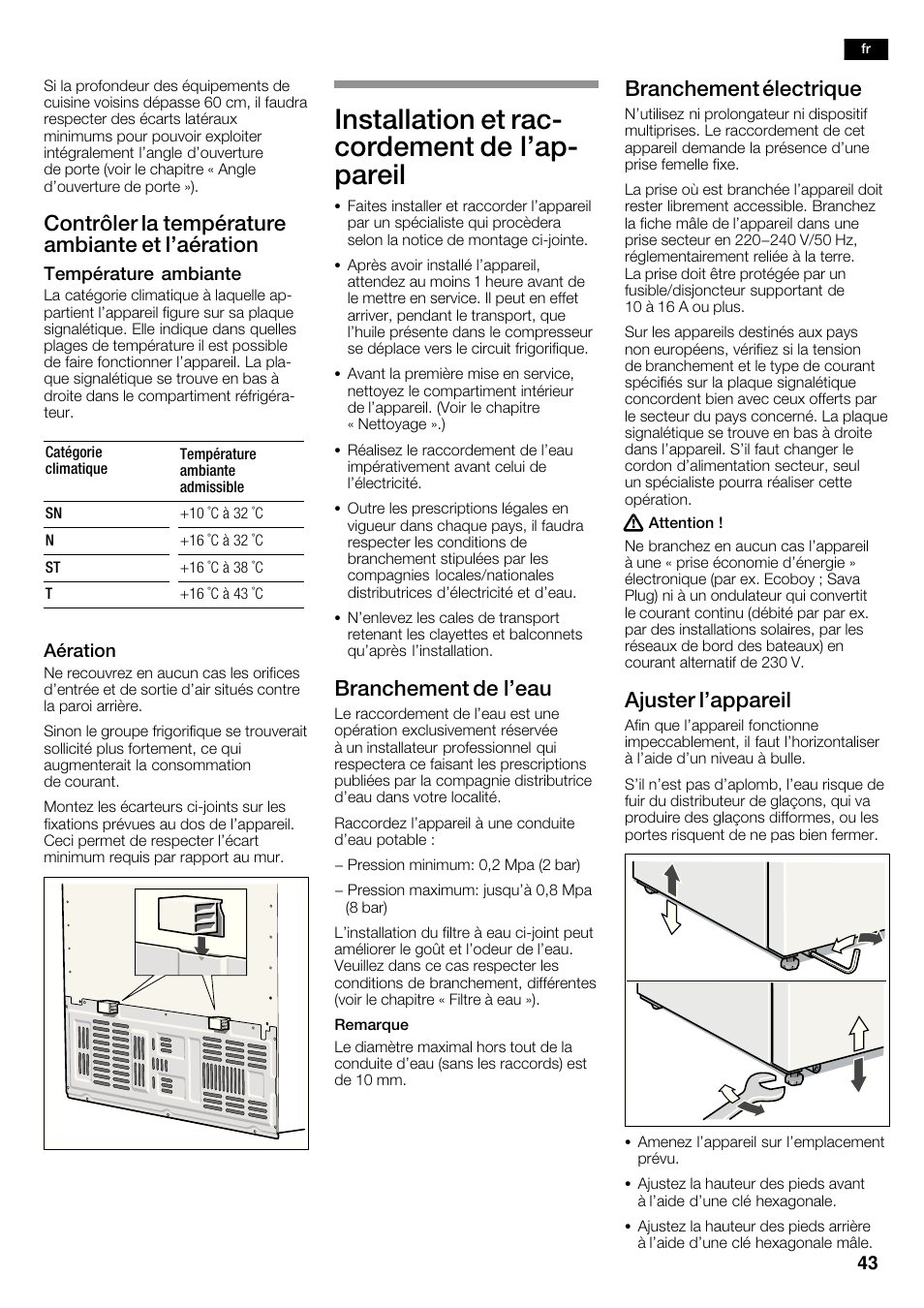 Installation et racć cordement de l'apć pareil, Contrôler la température ambiante et l'aération, Branchement de l'eau | Branchement électrique, Ajuster l'appareil | Bosch KAD62V40 Réfrigérateur-congélateur américain Confort User Manual | Page 43 / 119