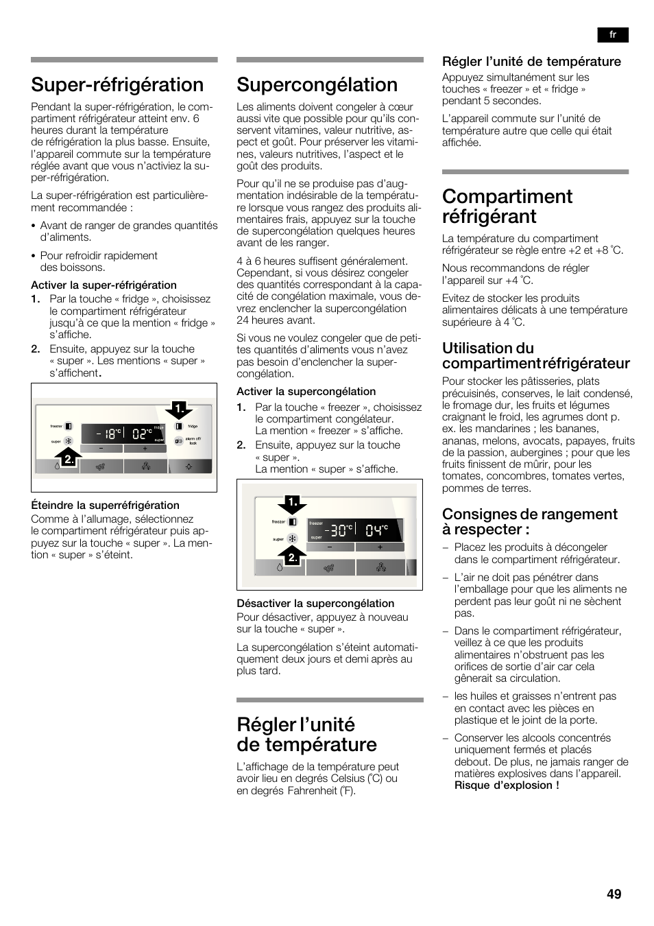 Superćréfrigération, Supercongélation, Régler l'unité de température | Compartiment réfrigérant, Utilisation du compartiment réfrigérateur, Consignes de rangement à respecter | Bosch KAD62V40 Réfrigérateur-congélateur américain Confort User Manual | Page 49 / 119