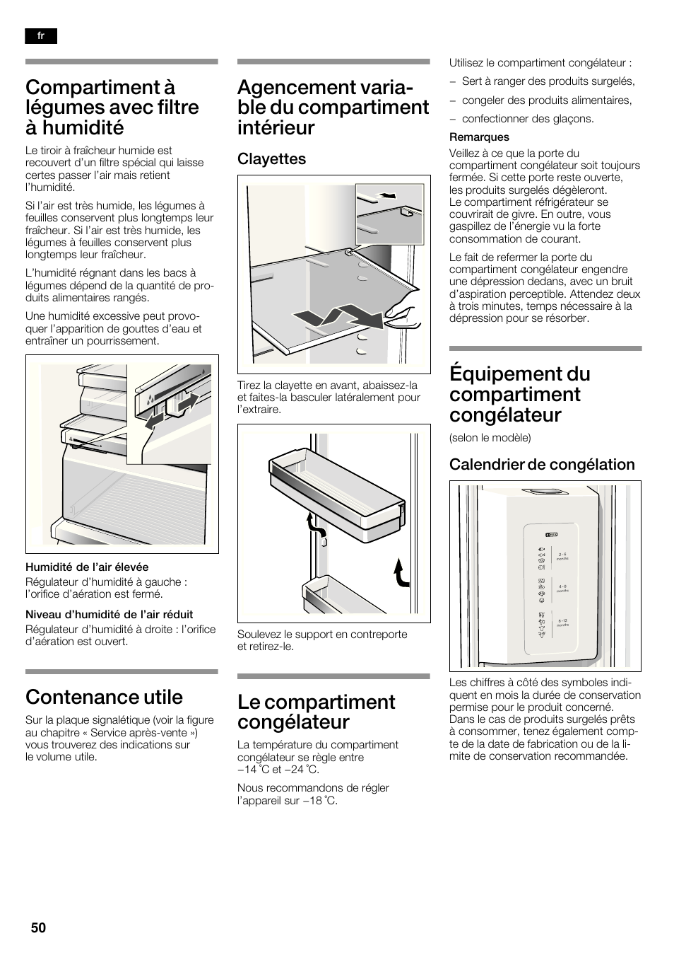 Compartiment à légumes avec filtre à humidité, Contenance utile, Agencement variać ble du compartiment intérieur | Le compartiment congélateur, Équipement du compartiment congélateur, Clayettes, Calendrier de congélation | Bosch KAD62V40 Réfrigérateur-congélateur américain Confort User Manual | Page 50 / 119