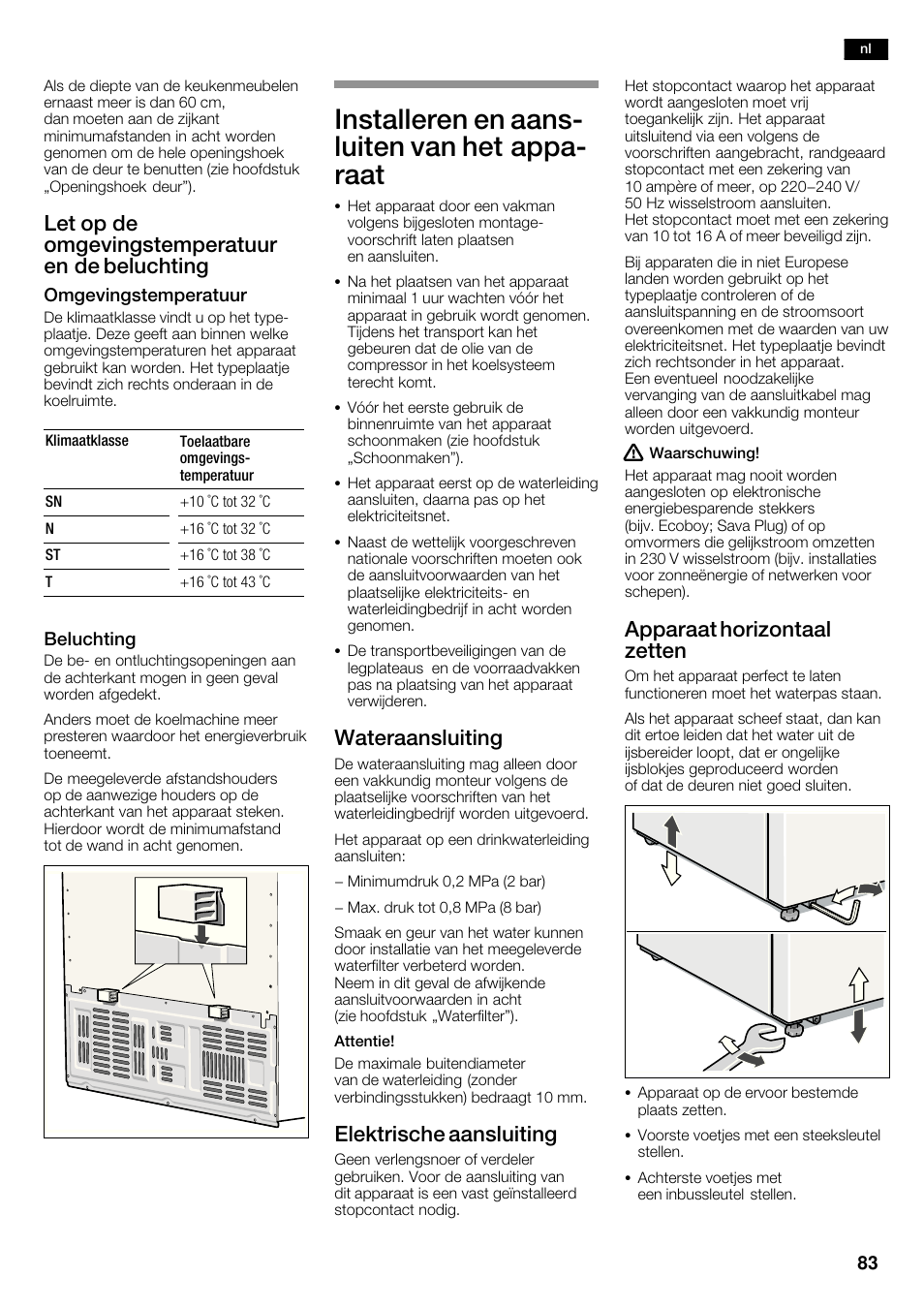 Installeren en aansć luiten van het appać raat, Let op de omgevingstemperatuur en de beluchting, Wateraansluiting | Elektrische aansluiting, Apparaat horizontaal zetten | Bosch KAD62V40 Réfrigérateur-congélateur américain Confort User Manual | Page 83 / 119