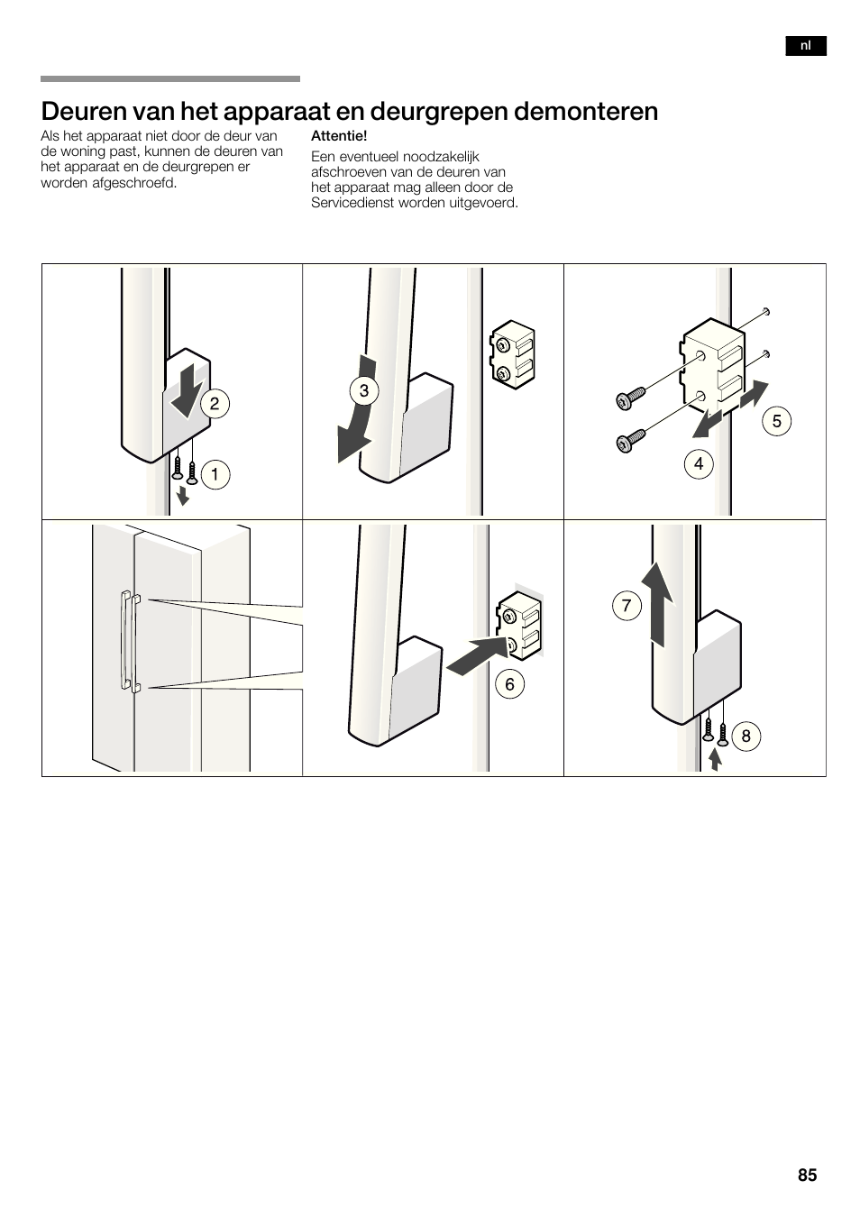 Deuren van het apparaat en deurgrepen demonteren | Bosch KAD62V40 Réfrigérateur-congélateur américain Confort User Manual | Page 85 / 119