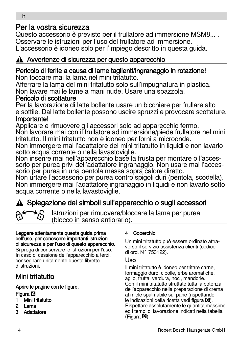 Per la vostra sicurezza, Mini tritatutto | Bosch MSM87165 Mixeur plongeant noir EDG User Manual | Page 14 / 75