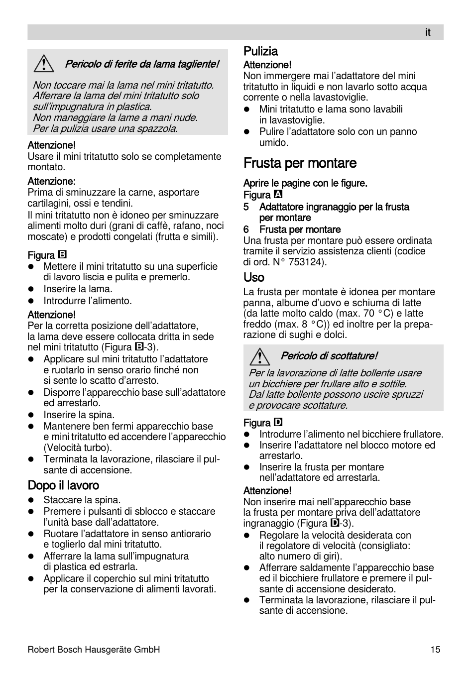 Frusta per montare, Dopo il lavoro, Pulizia | Bosch MSM87165 Mixeur plongeant noir EDG User Manual | Page 15 / 75