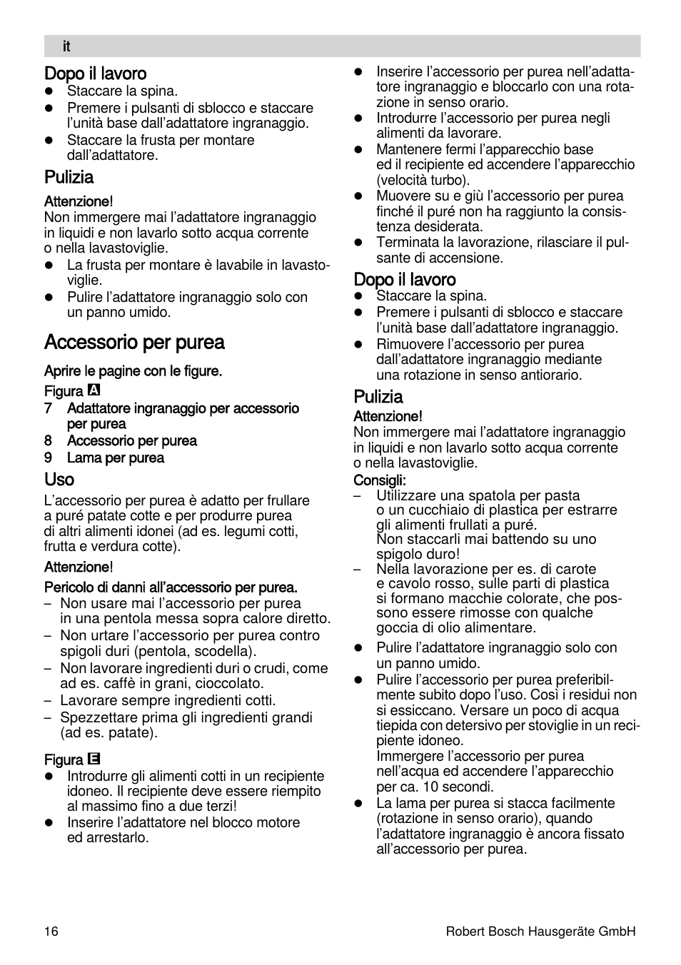 Accessorio per purea, Dopo il lavoro, Pulizia | Bosch MSM87165 Mixeur plongeant noir EDG User Manual | Page 16 / 75
