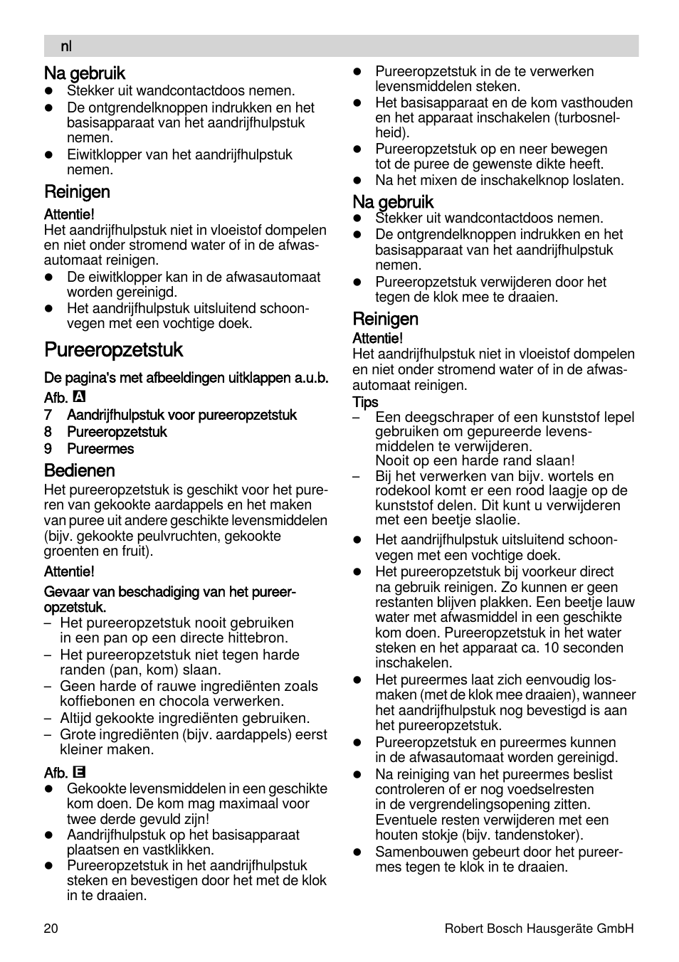 Pureeropzetstuk, Na gebruik, Reinigen | Bedienen | Bosch MSM87165 Mixeur plongeant noir EDG User Manual | Page 20 / 75