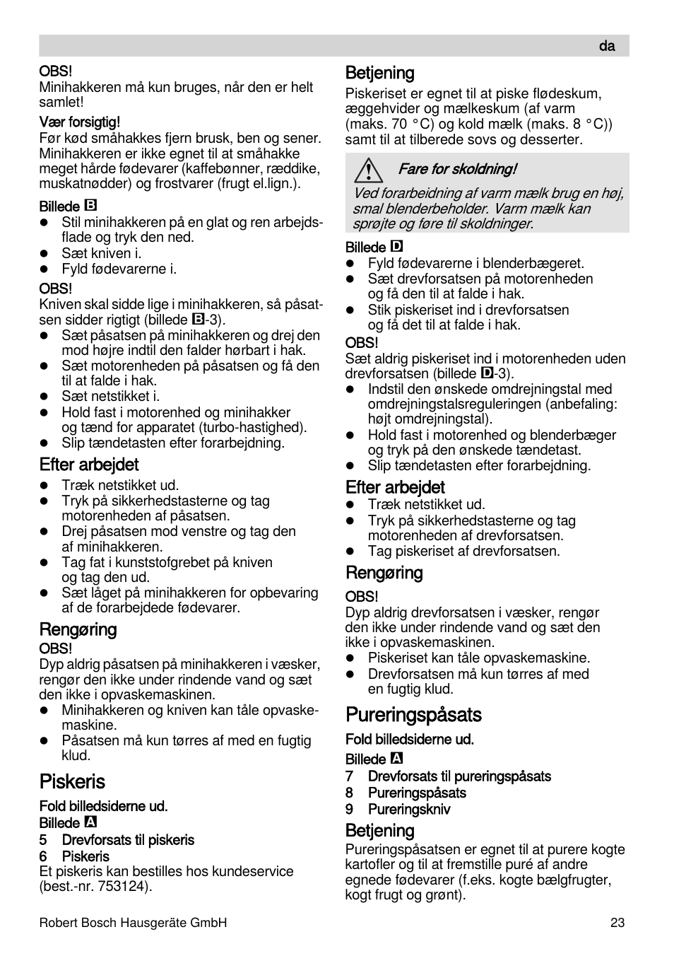 Piskeris, Pureringspåsats, Efter arbejdet | Rengøring, Betjening | Bosch MSM87165 Mixeur plongeant noir EDG User Manual | Page 23 / 75