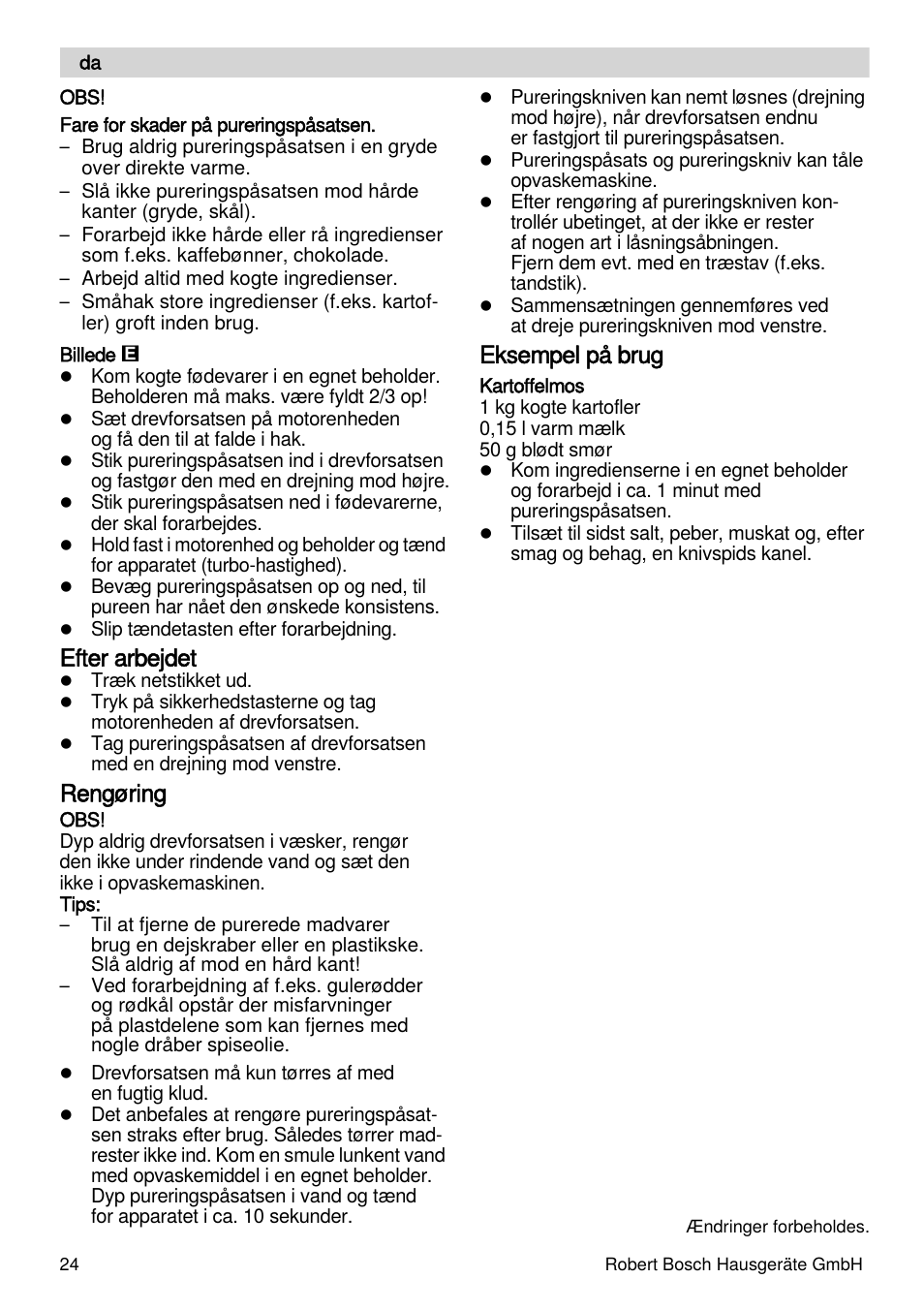 Efter arbejdet, Rengøring, Eksempel på brug | Bosch MSM87165 Mixeur plongeant noir EDG User Manual | Page 24 / 75