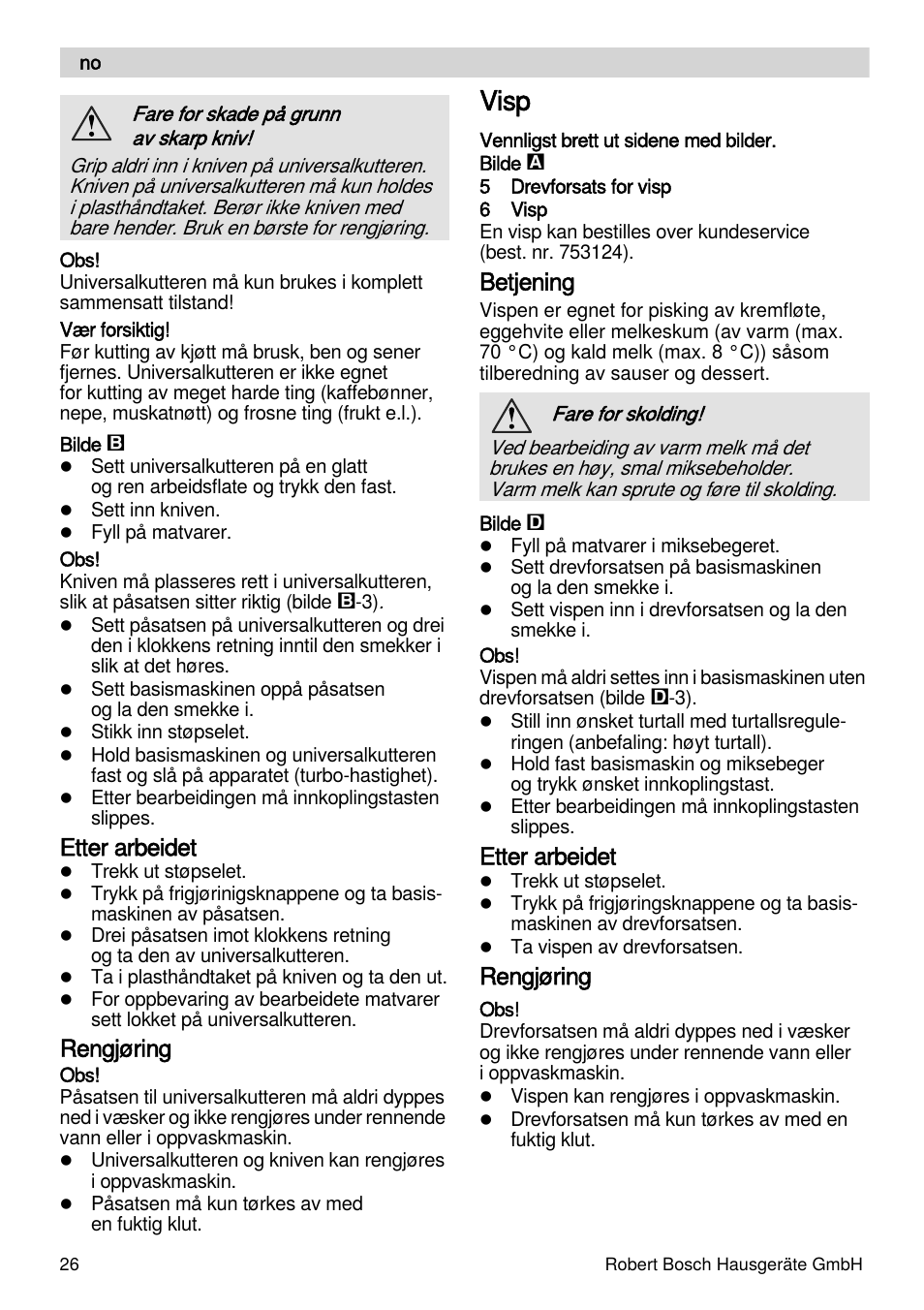 Visp, Etter arbeidet, Rengjøring | Betjening | Bosch MSM87165 Mixeur plongeant noir EDG User Manual | Page 26 / 75