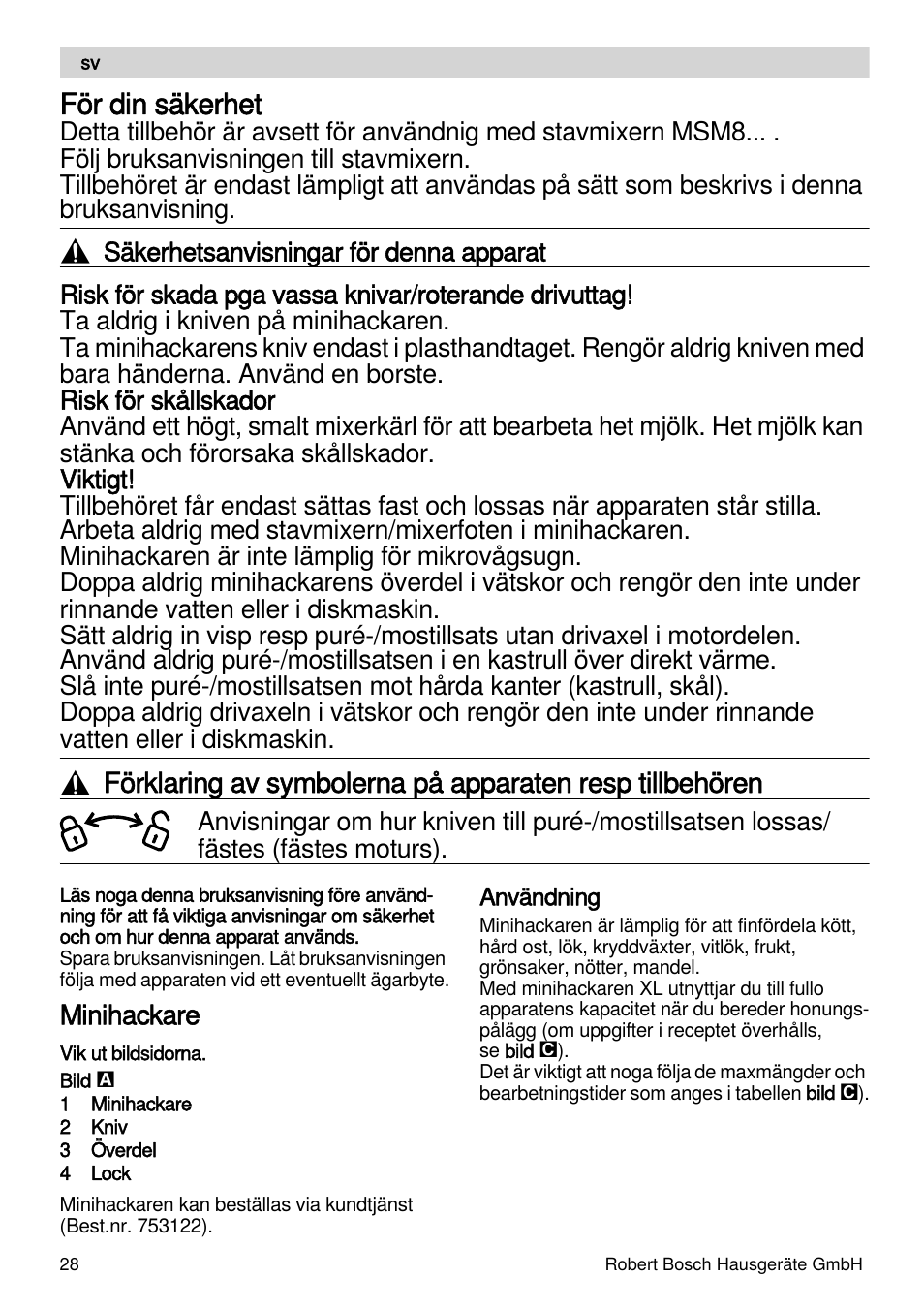 För din säkerhet, Minihackare | Bosch MSM87165 Mixeur plongeant noir EDG User Manual | Page 28 / 75