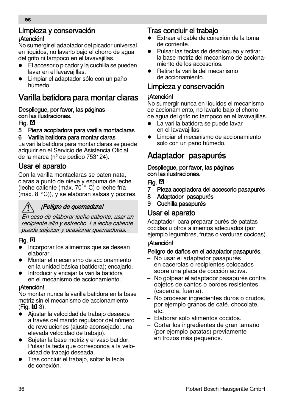 Varilla batidora para montar claras, Adaptador pasapurés, Limpieza y conservación | Usar el aparato, Tras concluir el trabajo | Bosch MSM87165 Mixeur plongeant noir EDG User Manual | Page 36 / 75