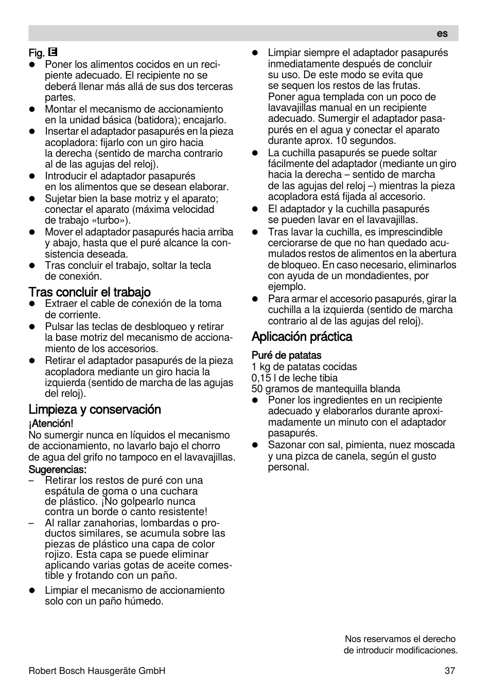 Tras concluir el trabajo, Limpieza y conservación, Aplicación práctica | Bosch MSM87165 Mixeur plongeant noir EDG User Manual | Page 37 / 75