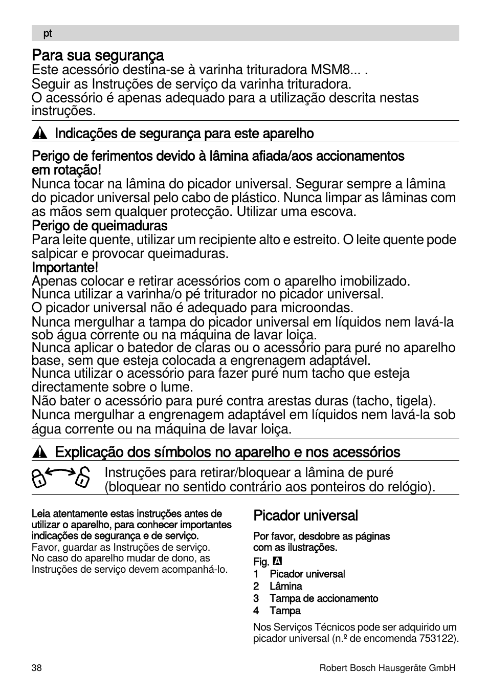 Para sua segurança | Bosch MSM87165 Mixeur plongeant noir EDG User Manual | Page 38 / 75