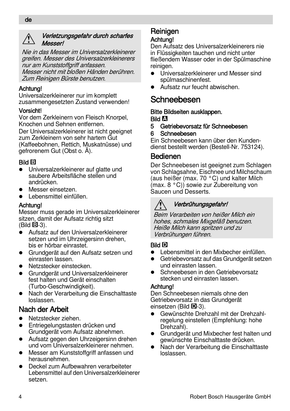 Schneebesen, Nach der arbeit, Reinigen | Bedienen | Bosch MSM87165 Mixeur plongeant noir EDG User Manual | Page 4 / 75