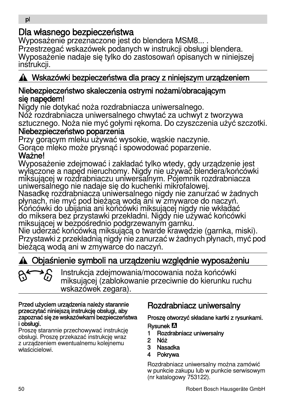 Dla własnego bezpieczeństwa | Bosch MSM87165 Mixeur plongeant noir EDG User Manual | Page 50 / 75