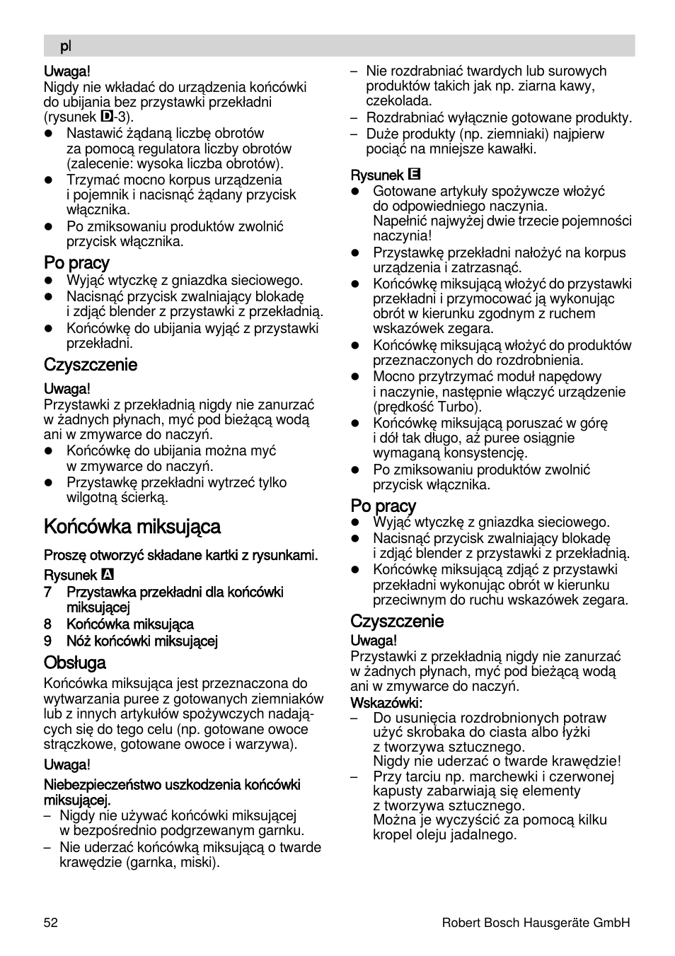 Końcówka miksująca, Po pracy, Czyszczenie | Obsługa | Bosch MSM87165 Mixeur plongeant noir EDG User Manual | Page 52 / 75