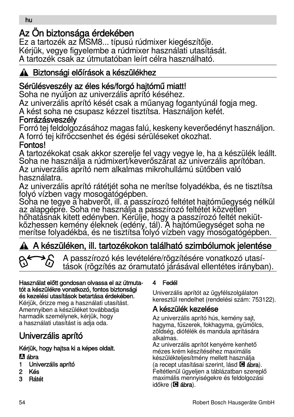 Az ön biztonsága érdekében, Univerzális aprító | Bosch MSM87165 Mixeur plongeant noir EDG User Manual | Page 54 / 75
