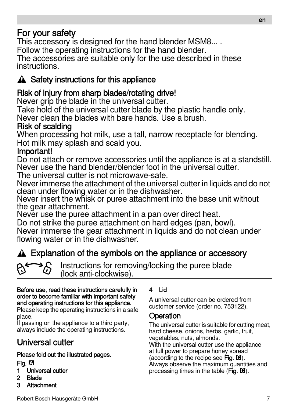 For your safety, Universal cutter | Bosch MSM87165 Mixeur plongeant noir EDG User Manual | Page 7 / 75