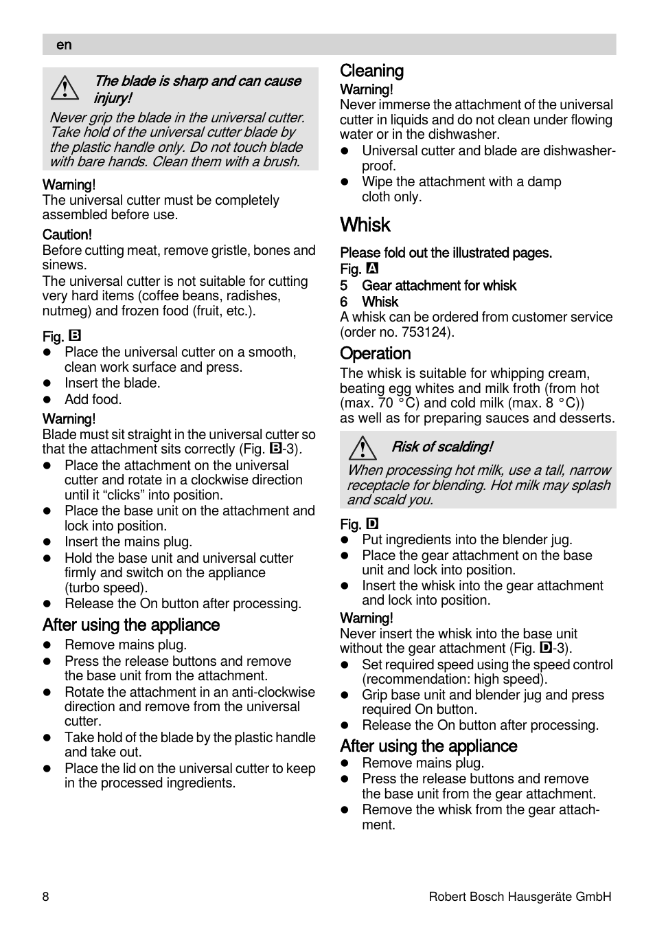 Whisk, After using the appliance, Cleaning | Operation | Bosch MSM87165 Mixeur plongeant noir EDG User Manual | Page 8 / 75