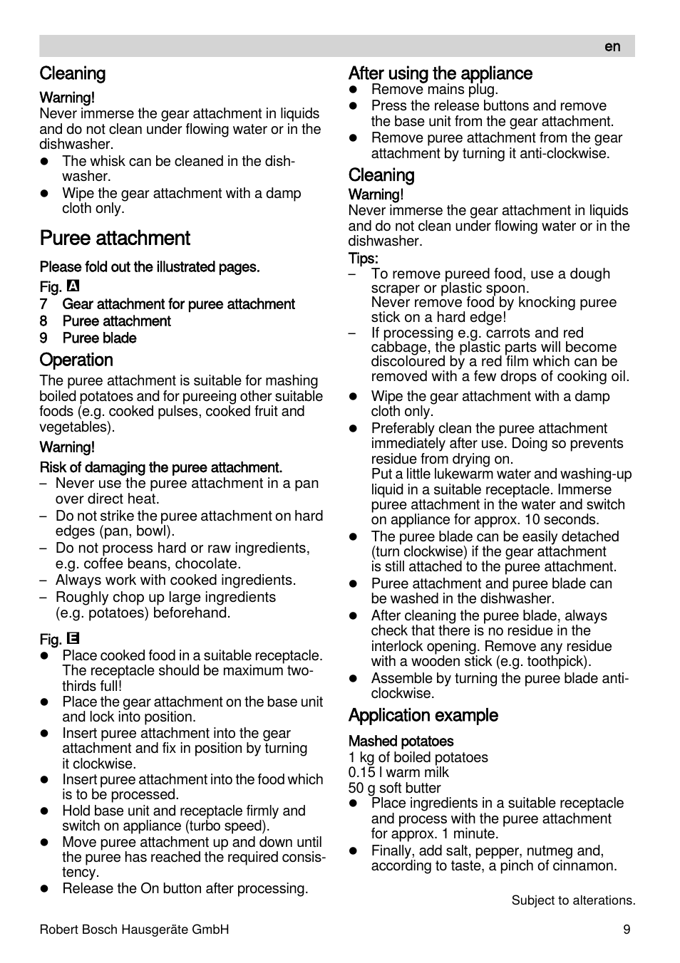 Puree attachment, Cleaning, Operation | After using the appliance, Application example | Bosch MSM87165 Mixeur plongeant noir EDG User Manual | Page 9 / 75