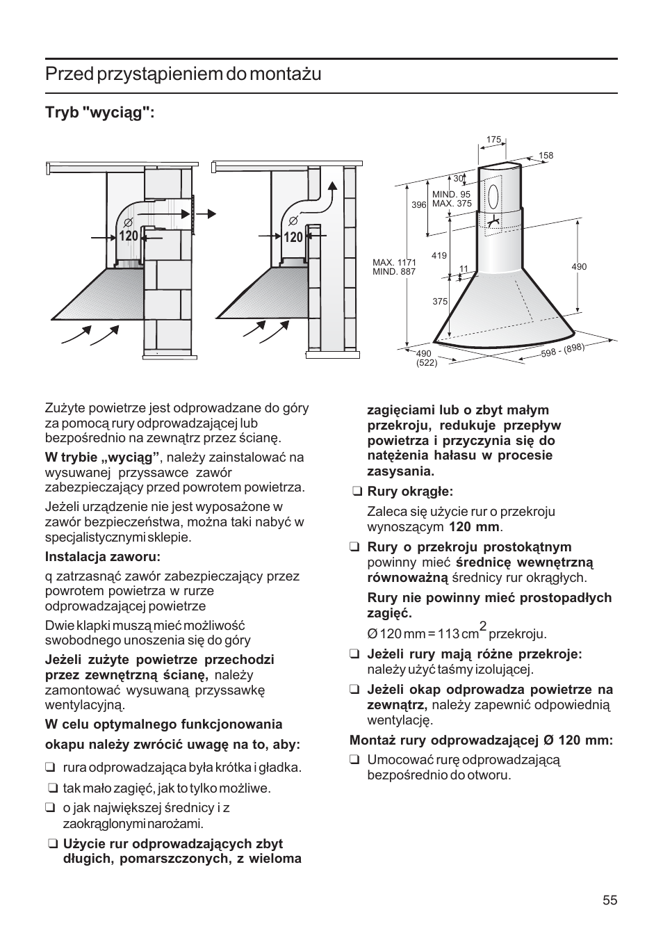 Przed przystąpieniem do montażu, Tryb "wyciąg | Bosch DWA091450 - inox Hotte décorative murale 90 cm User Manual | Page 55 / 68
