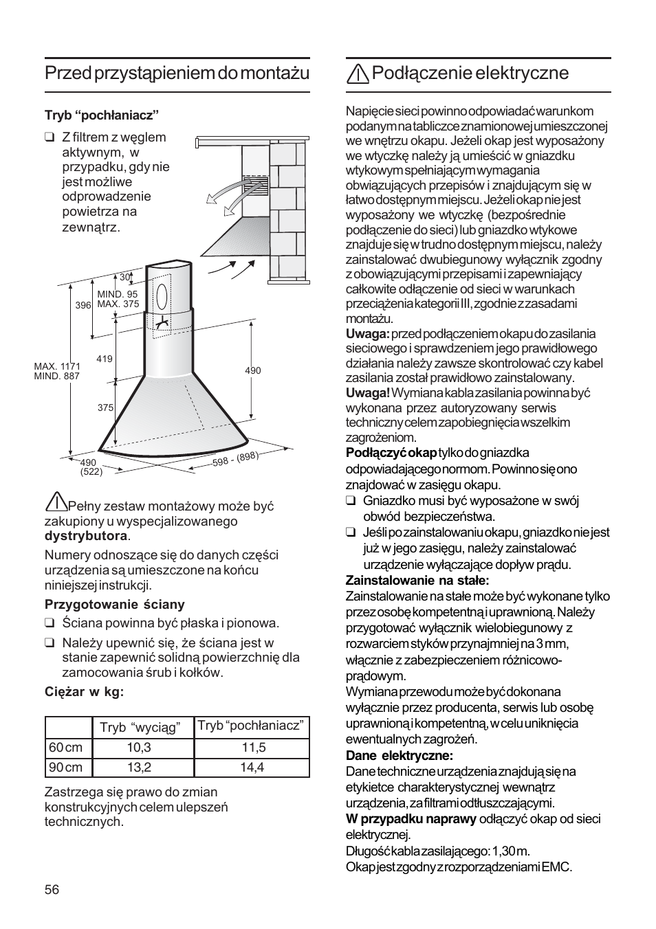 Podłączenie elektryczne, Przed przystąpieniem do montażu | Bosch DWA091450 - inox Hotte décorative murale 90 cm User Manual | Page 56 / 68