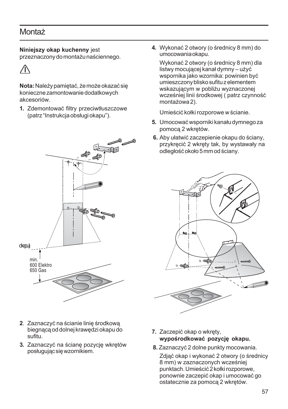 Montaż | Bosch DWA091450 - inox Hotte décorative murale 90 cm User Manual | Page 57 / 68