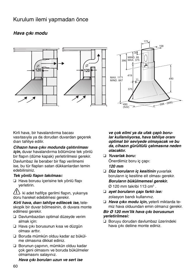 Kurulum ilemi yapmadan önce, Hava çıkı modu | Bosch DWA091450 - inox Hotte décorative murale 90 cm User Manual | Page 60 / 68