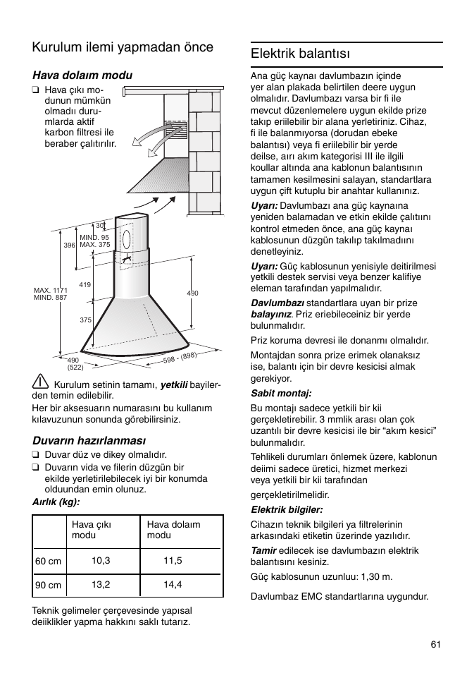 Elektrik balantısı, Kurulum ilemi yapmadan önce, Hava dolaım modu | Duvarın hazırlanması | Bosch DWA091450 - inox Hotte décorative murale 90 cm User Manual | Page 61 / 68