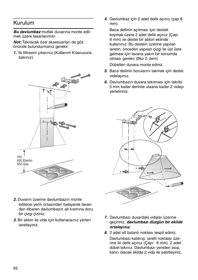 Kurulum | Bosch DWA091450 - inox Hotte décorative murale 90 cm User Manual | Page 62 / 68