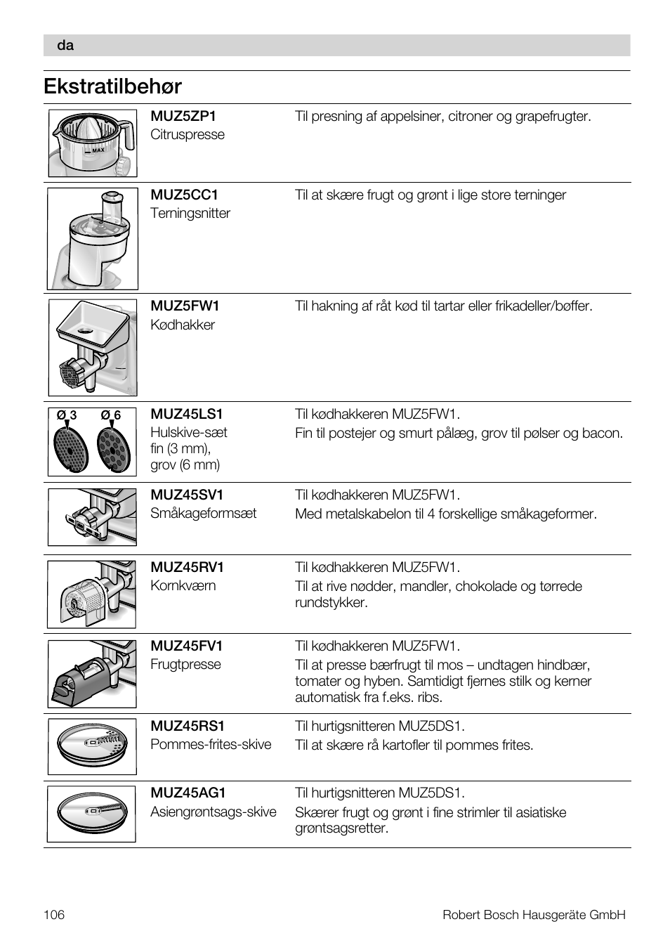 Ekstratilbehør | Bosch MUM57810 KITCHEN MACHINE INOX 900W HOME PRO Home Professional User Manual | Page 106 / 208