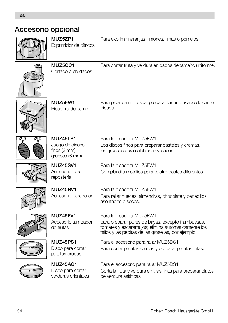 Accesorio opcional | Bosch MUM57810 KITCHEN MACHINE INOX 900W HOME PRO Home Professional User Manual | Page 134 / 208