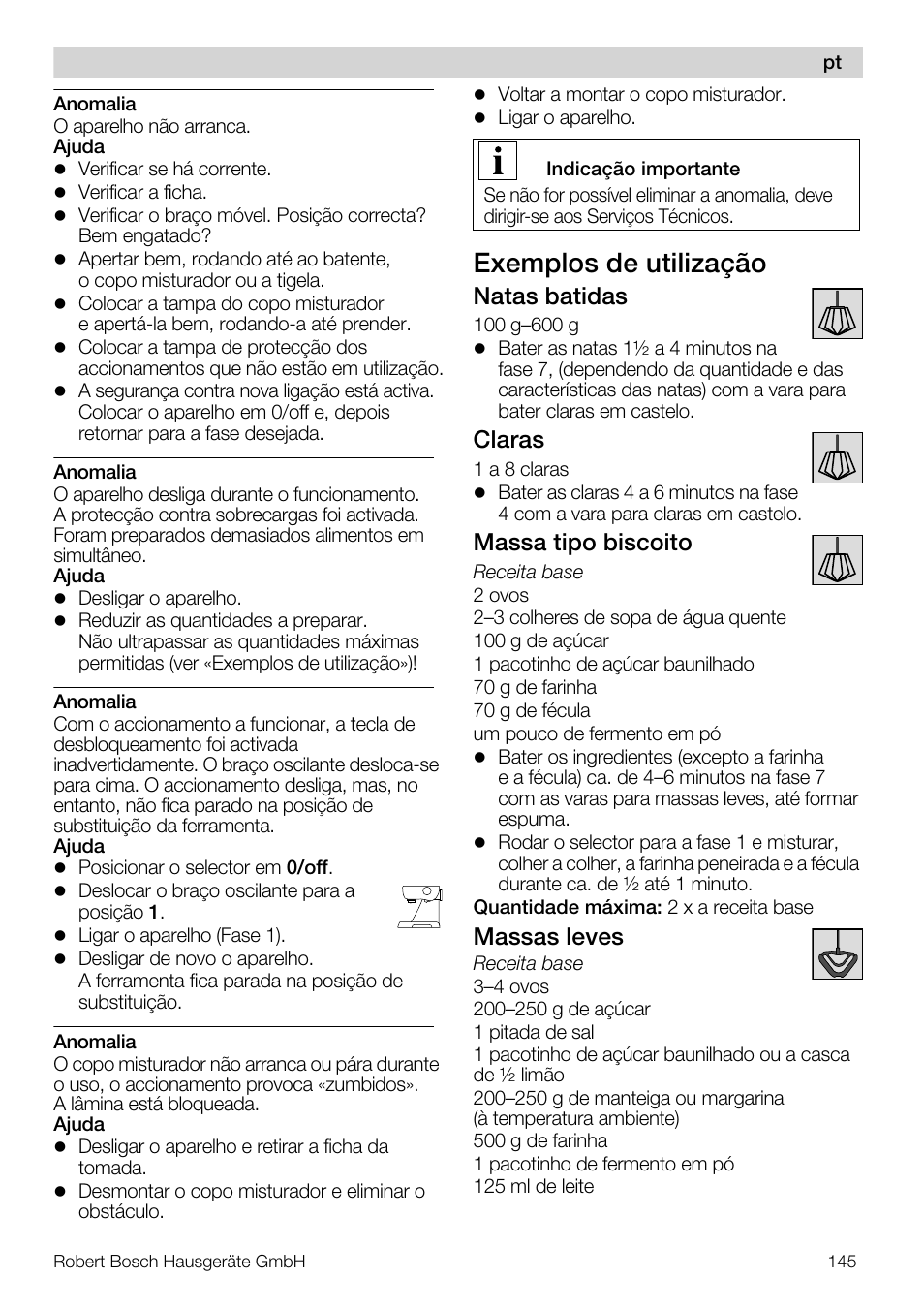 Exemplos de utilização, Natas batidas, Claras | Massa tipo biscoito, Massas leves | Bosch MUM57810 KITCHEN MACHINE INOX 900W HOME PRO Home Professional User Manual | Page 145 / 208