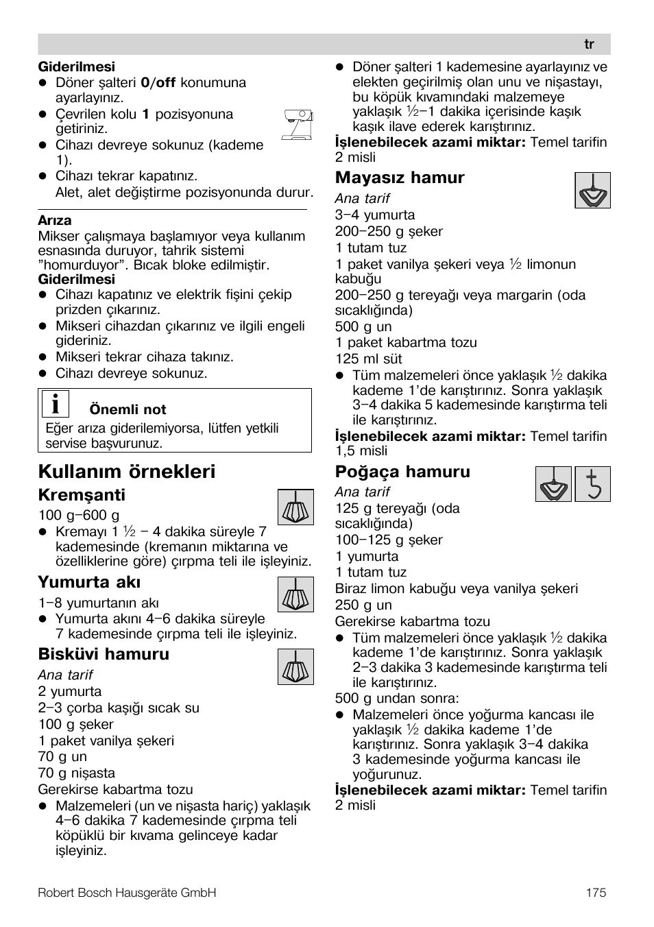 Kullaným örnekleri, Kremþanti, Yumurta aký | Bisküvi hamuru, Mayasýz hamur, Poðaça hamuru | Bosch MUM57810 KITCHEN MACHINE INOX 900W HOME PRO Home Professional User Manual | Page 175 / 208