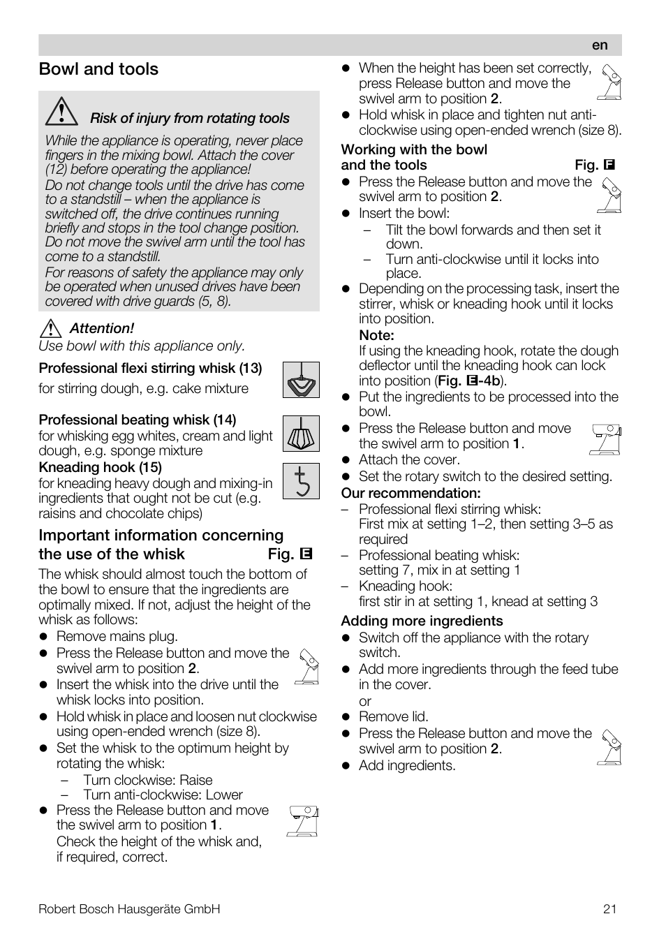 Bowl and tools | Bosch MUM57810 KITCHEN MACHINE INOX 900W HOME PRO Home Professional User Manual | Page 21 / 208