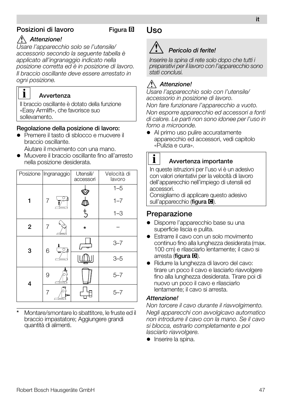 Preparazione | Bosch MUM57810 KITCHEN MACHINE INOX 900W HOME PRO Home Professional User Manual | Page 47 / 208