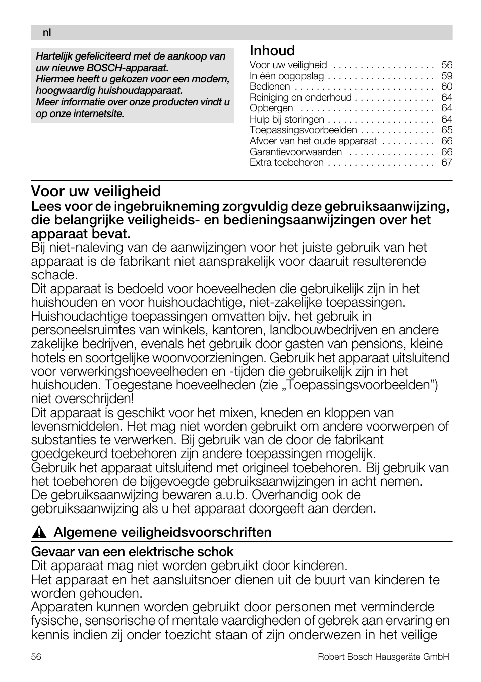 Voor uw veiligheid, Inhoud | Bosch MUM57810 KITCHEN MACHINE INOX 900W HOME PRO Home Professional User Manual | Page 56 / 208