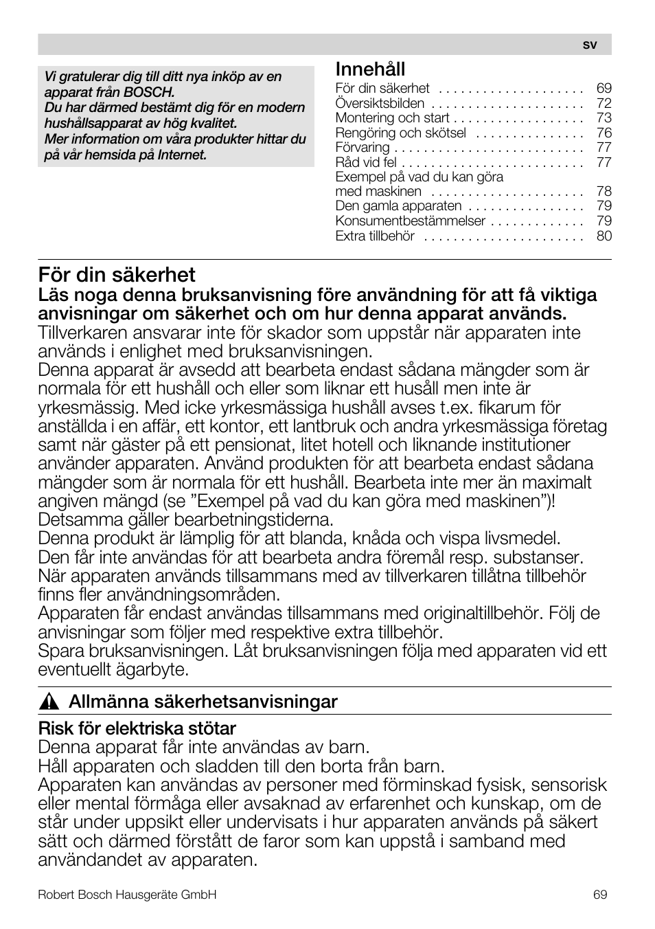 För din säkerhet, Innehåll | Bosch MUM57810 KITCHEN MACHINE INOX 900W HOME PRO Home Professional User Manual | Page 69 / 208