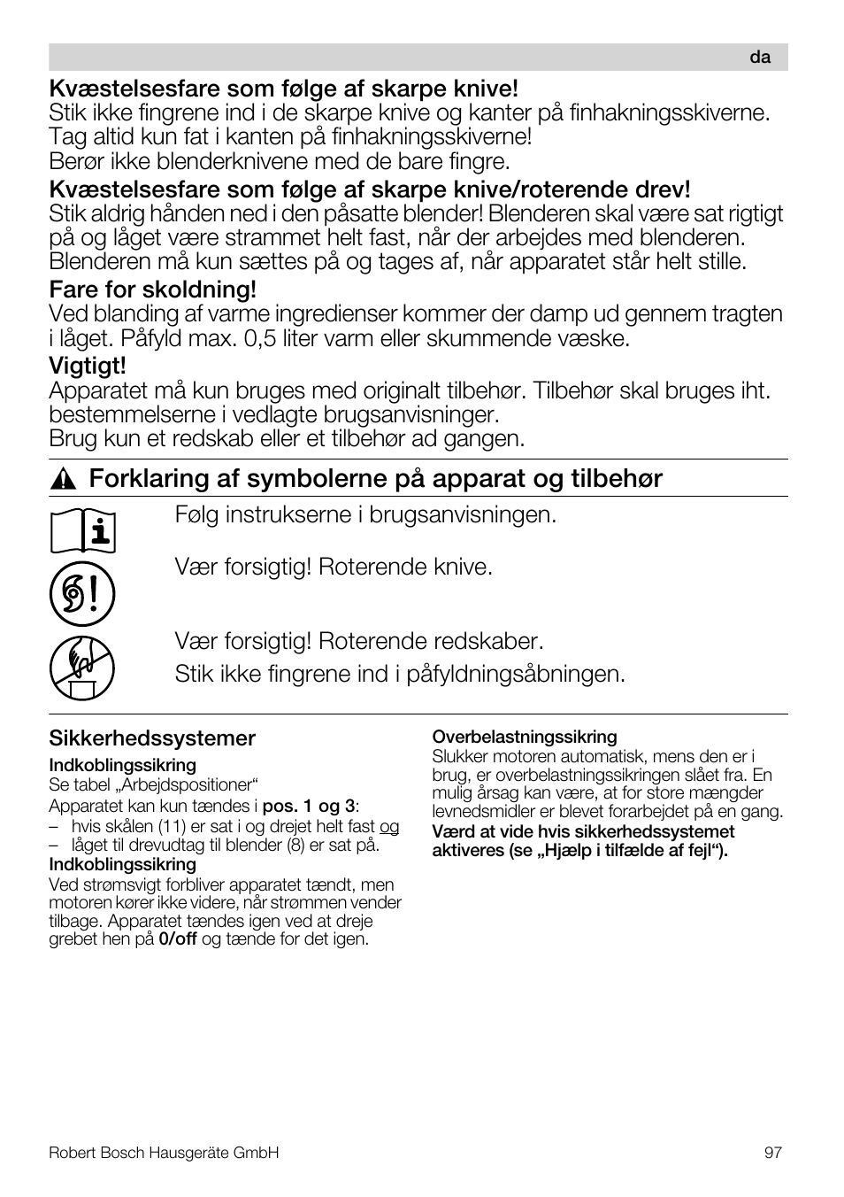 Forklaring af symbolerne på apparat og tilbehør | Bosch MUM57810 KITCHEN MACHINE INOX 900W HOME PRO Home Professional User Manual | Page 97 / 208