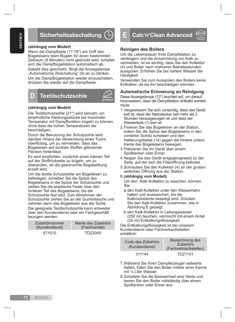 Reinigen der dampfkammer des bügeleisens, Calc‘n‘clean advanced, Sicherheitsabschaltung | Textilschutzsohle | Bosch TDS2240 Centrale vapeur TDS2240 User Manual | Page 10 / 160