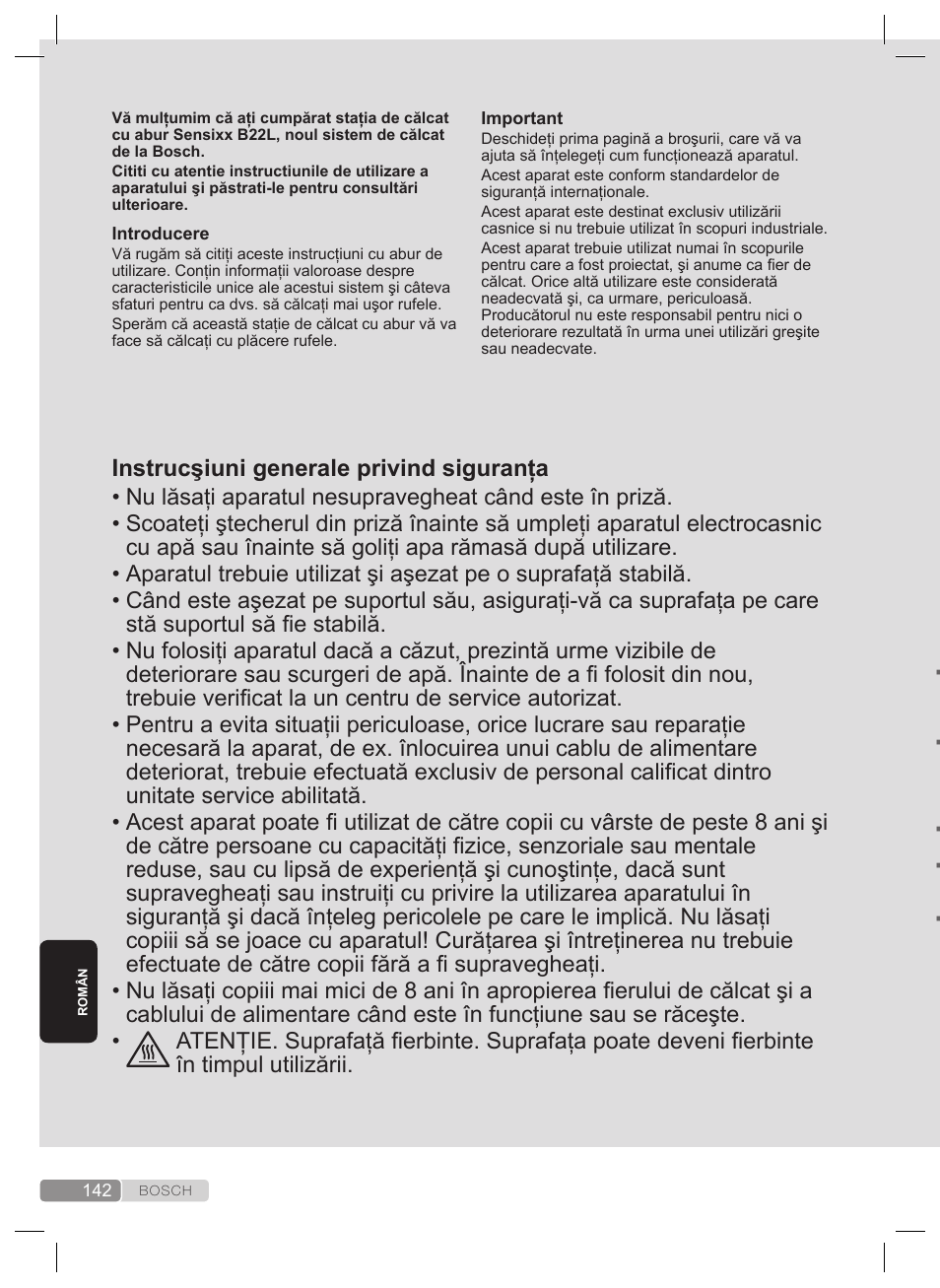 Instrucşiuni generale privind siguranţa | Bosch TDS2240 Centrale vapeur TDS2240 User Manual | Page 142 / 160