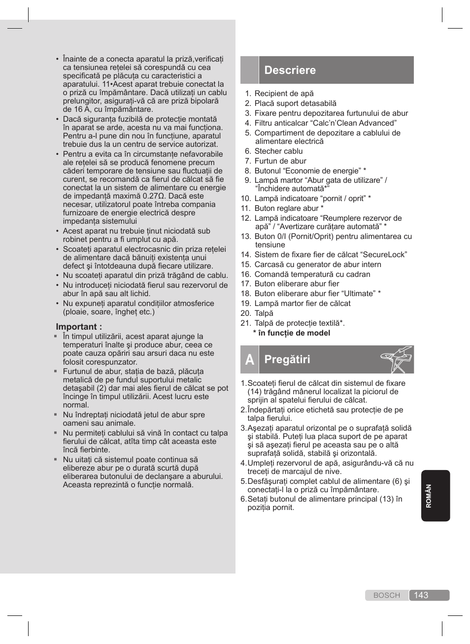 Instrucşiuni generale privind siguranţa, Pregătiri | Bosch TDS2240 Centrale vapeur TDS2240 User Manual | Page 143 / 160