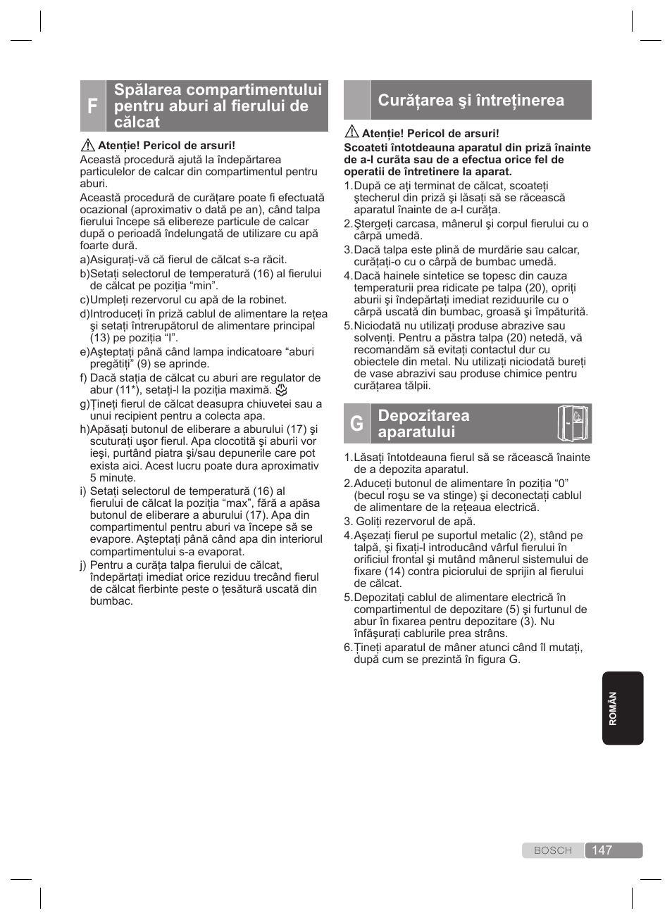 Curăţarea şi întreţinerea, Depozitarea aparatului | Bosch TDS2240 Centrale vapeur TDS2240 User Manual | Page 147 / 160