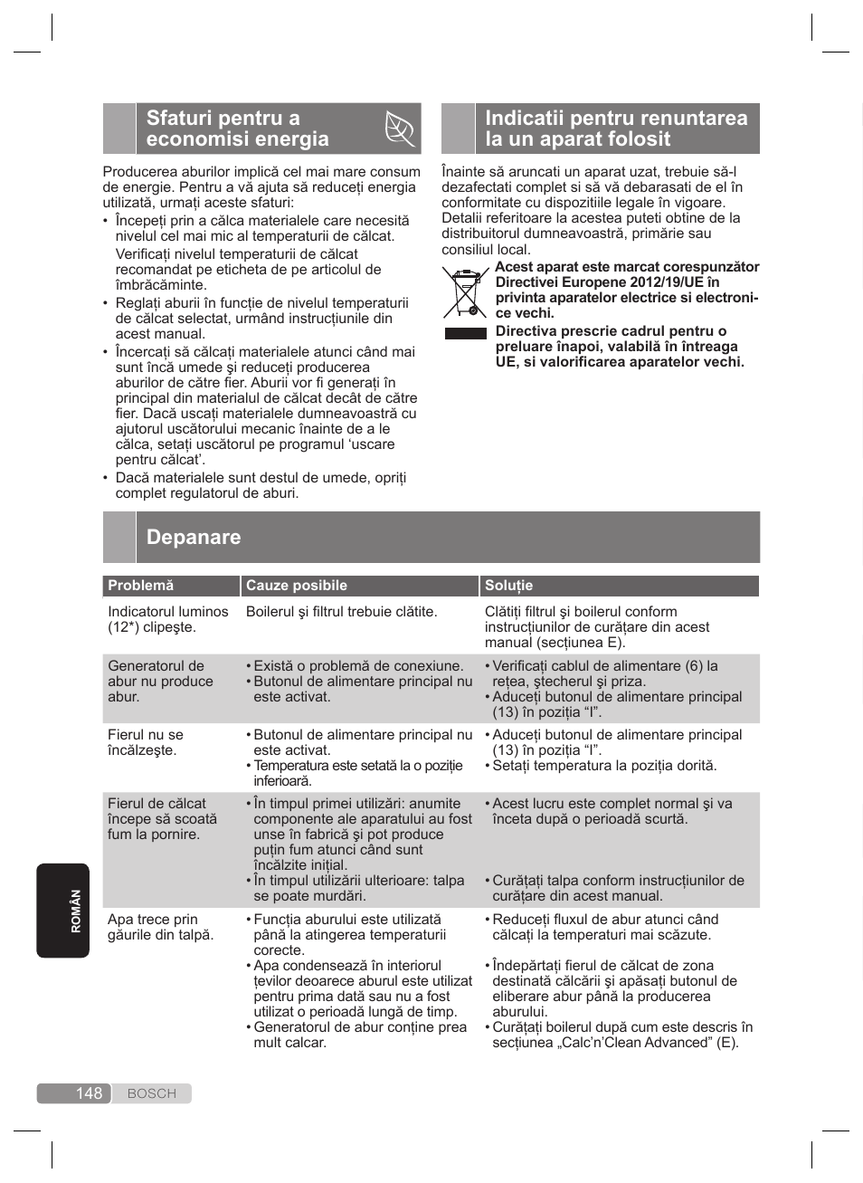 Depanare, Sfaturi pentru a economisi energia, Indicatii pentru renuntarea la un aparat folosit | Bosch TDS2240 Centrale vapeur TDS2240 User Manual | Page 148 / 160